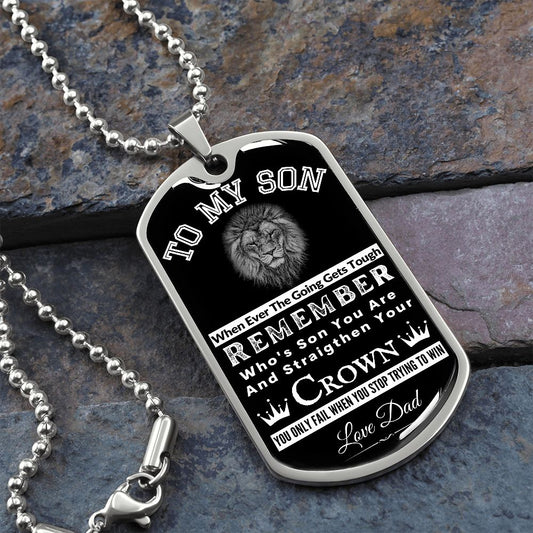 To My Son | From Dad | Military Dog Tag Chain | Lion/Crown | Silver
