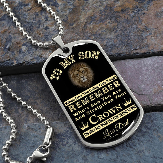To My Son | From Dad | Military Dog Tag Chain | Lion/Crown | Gold